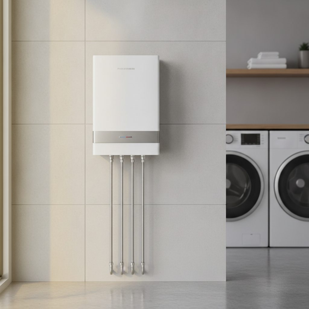 Wall-mounted tankless water heater in a clean modern utility space